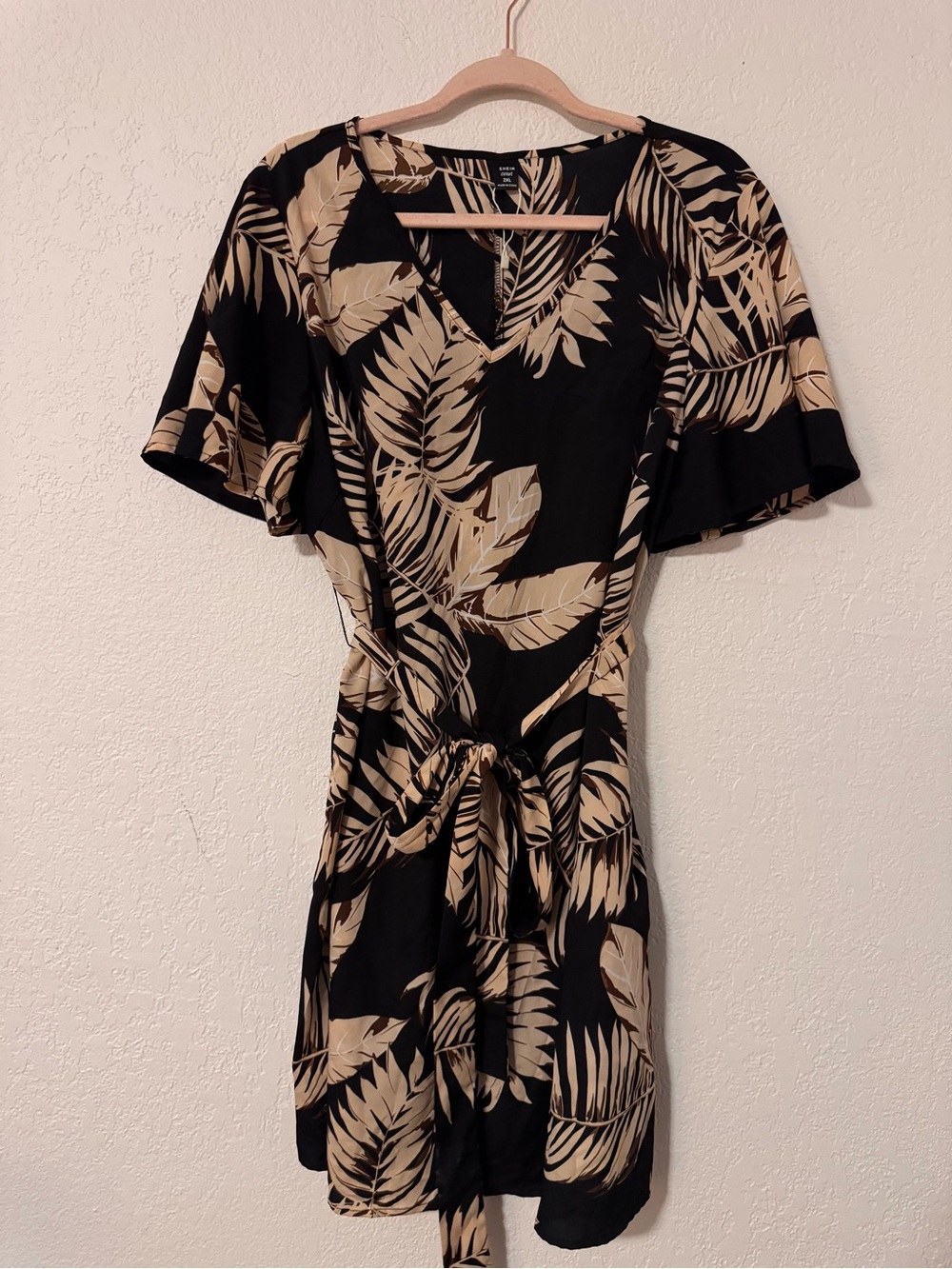 SHEIN Black and Beige Tropical Wrap Dress